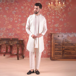 Embroidered Nehru Jacket With Kurta & Pyjama Set